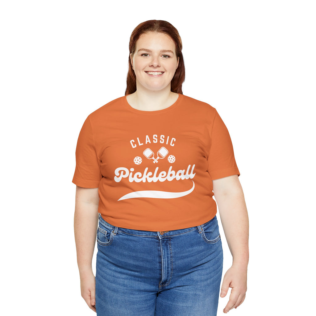 White Classic Pickleball T-Shirt with "Pickleball" script design by Printify, casual fit for pickleball players and fans.