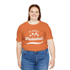 White Classic Pickleball T-Shirt with "Pickleball" script design by Printify, casual fit for pickleball players and fans.