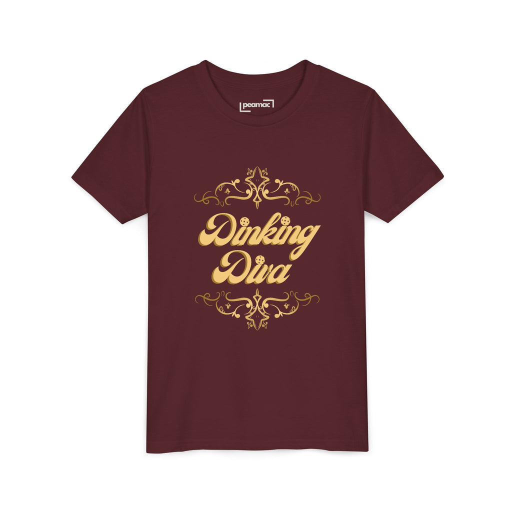 Youth Dinking Diva T-shirt featuring a gold filigree pickleball graphic, stylish kids' apparel by Printify.
