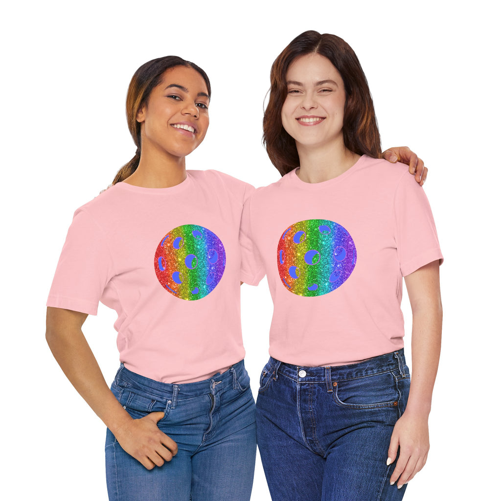Rainbow glitter pickleball pride T-shirt by Printify featuring a colorful, sparkling design celebrating LGBTQ+ pride.