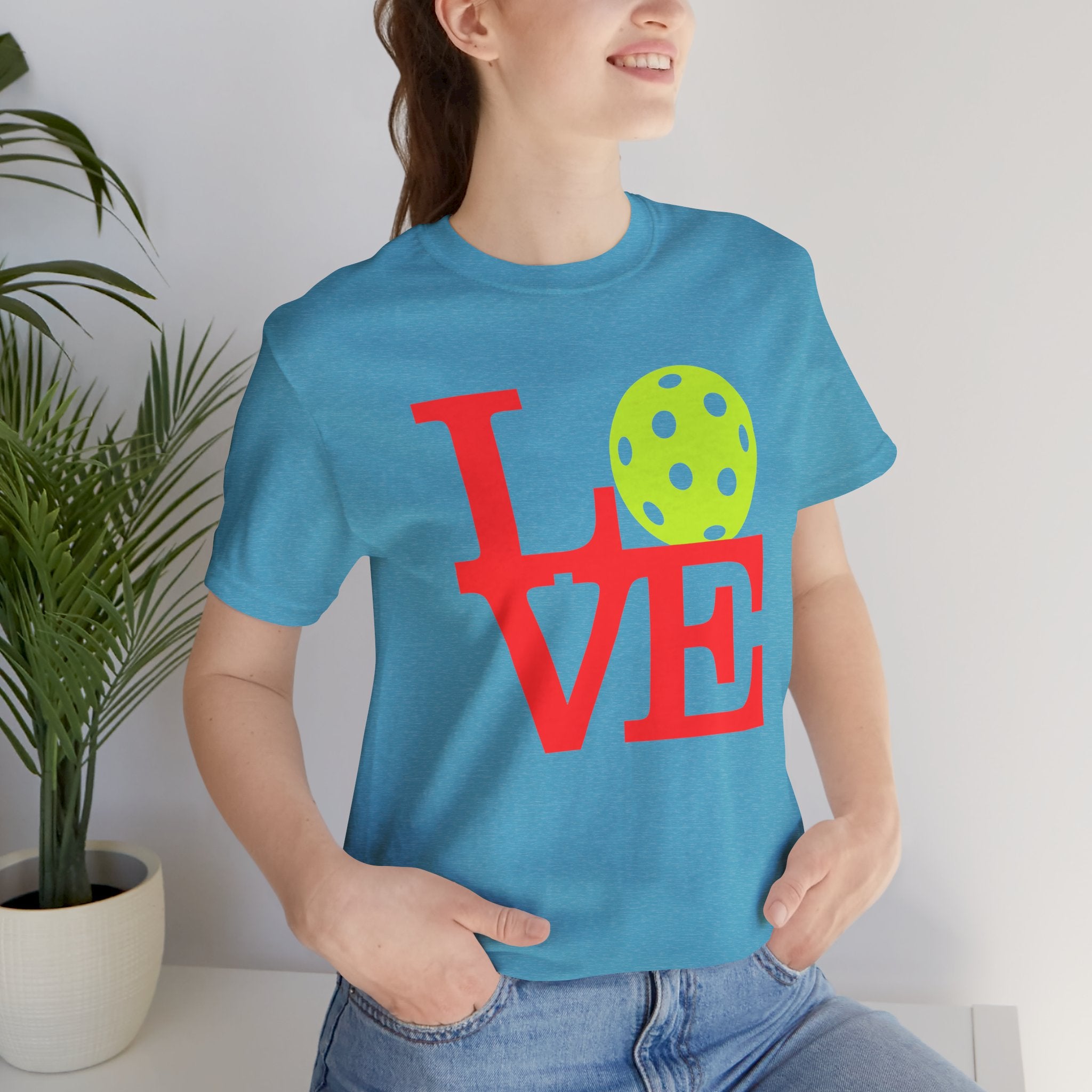 Love Pickleball Neon Pop Art T-Shirt by Printify, featuring colorful pickleball design on a premium cotton tee.