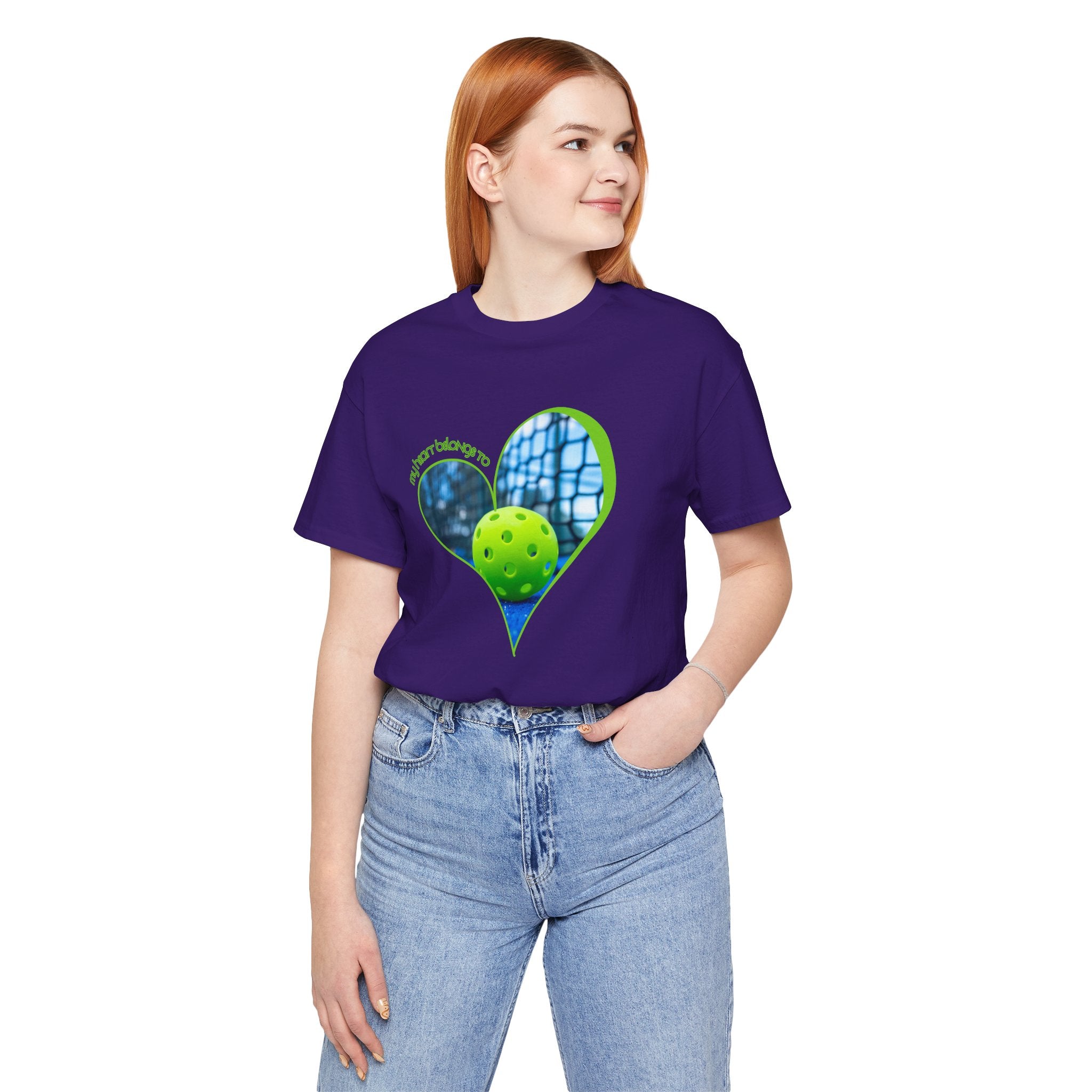 White pickleball T-shirt by Printify featuring "My Heart Belongs to Pickleball" slogan, perfect for players and fans.