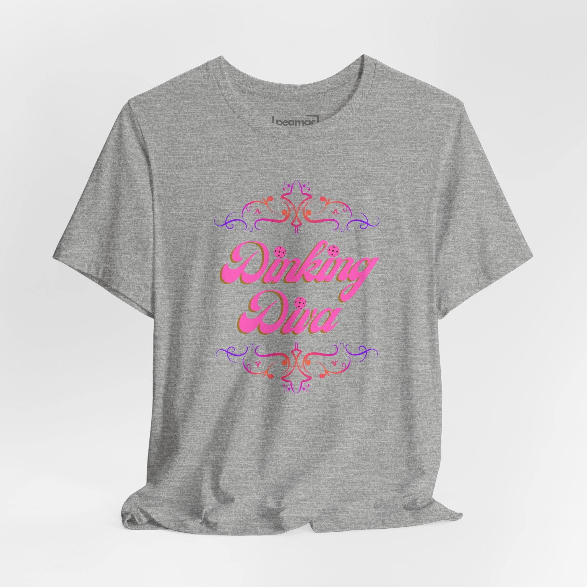 Pink Dinking Diva Pickleball T-shirt with filigree design, athletic fit, made by Printify, perfect for pickleball players