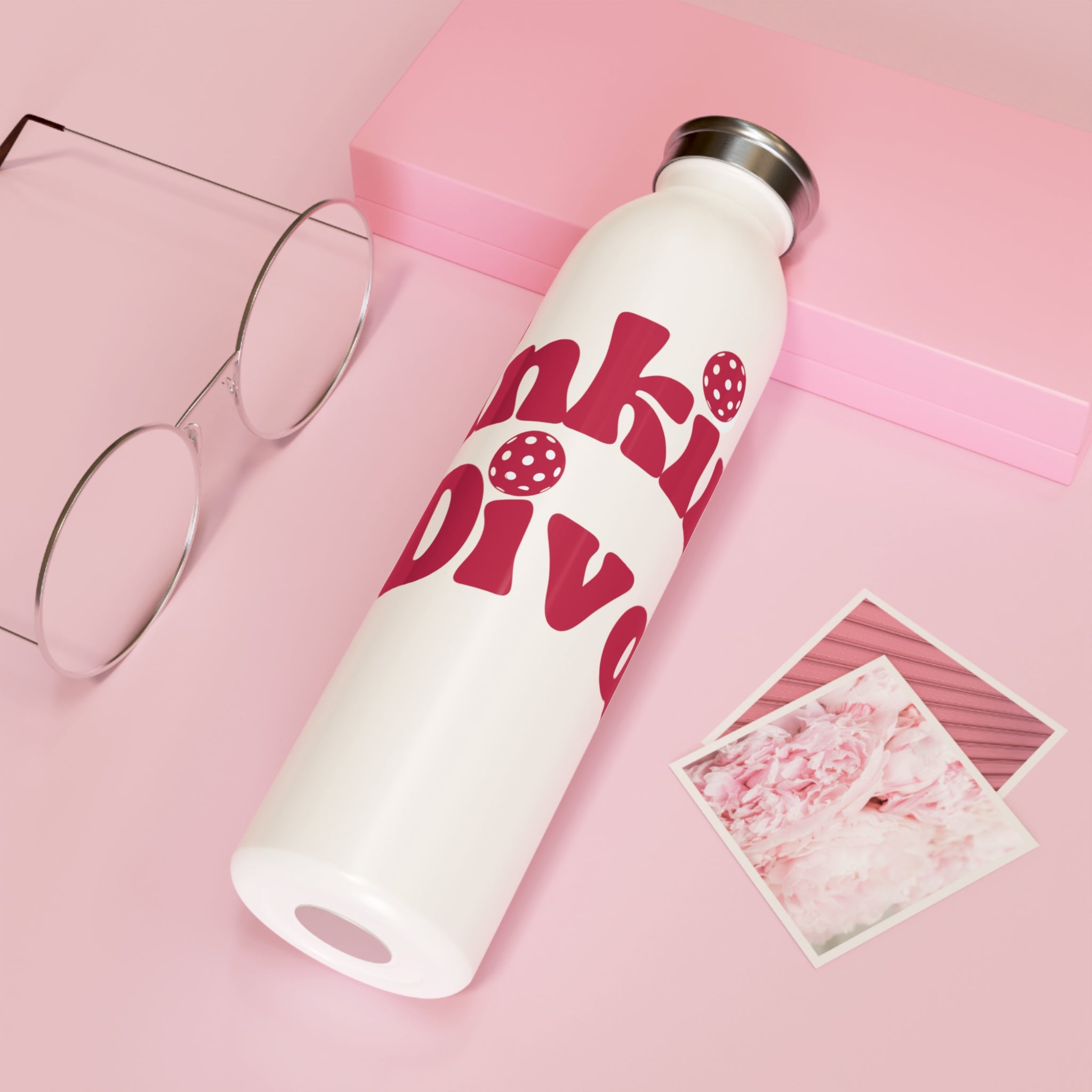 Stainless steel Dinking Diva pickleball hydration bottle by Printify, 20oz sports water bottle with colorful design.