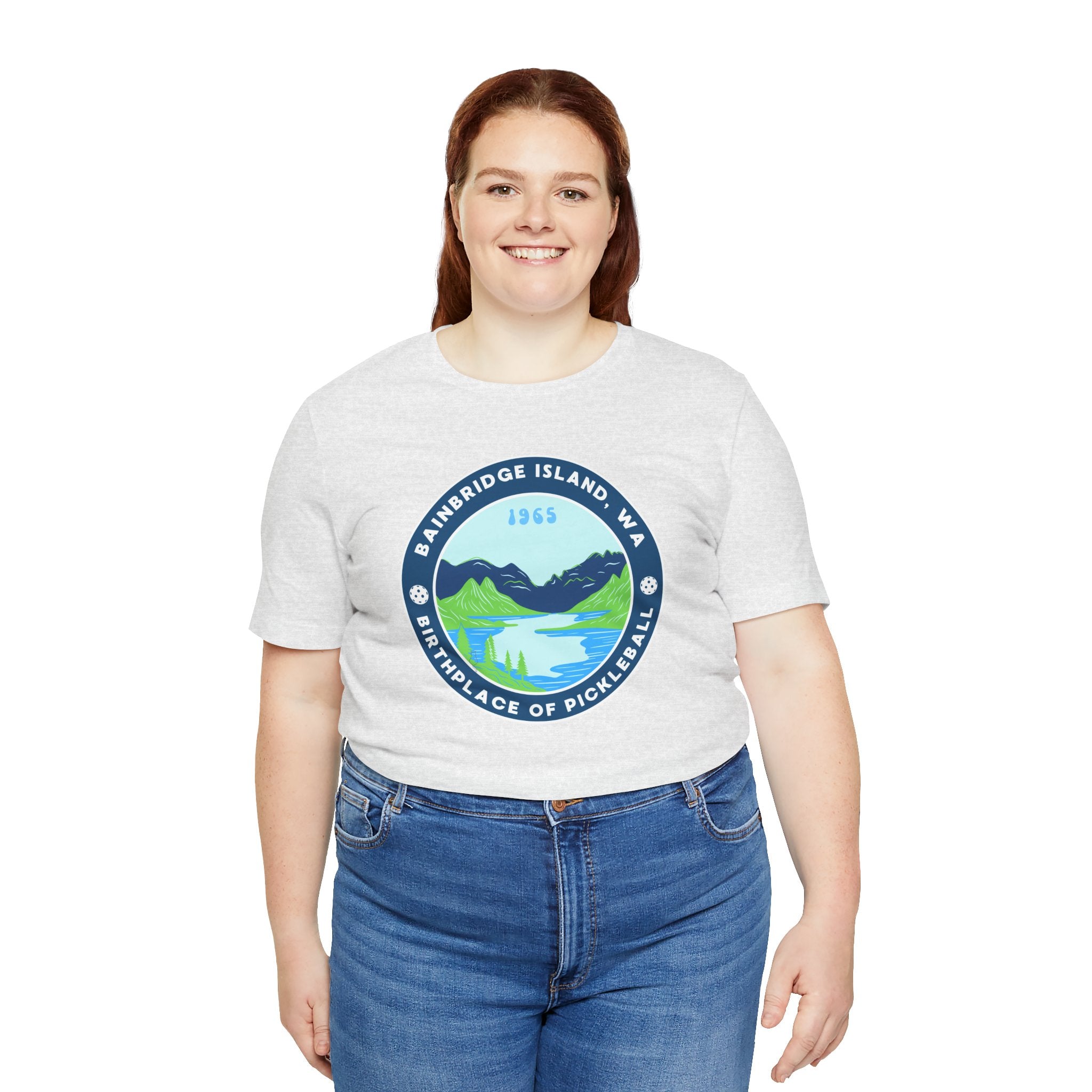 Unisex Bainbridge Island Pickleball T-Shirt featuring "Birthplace of Pickleball 1965" logo, casual cotton tee by Printify.