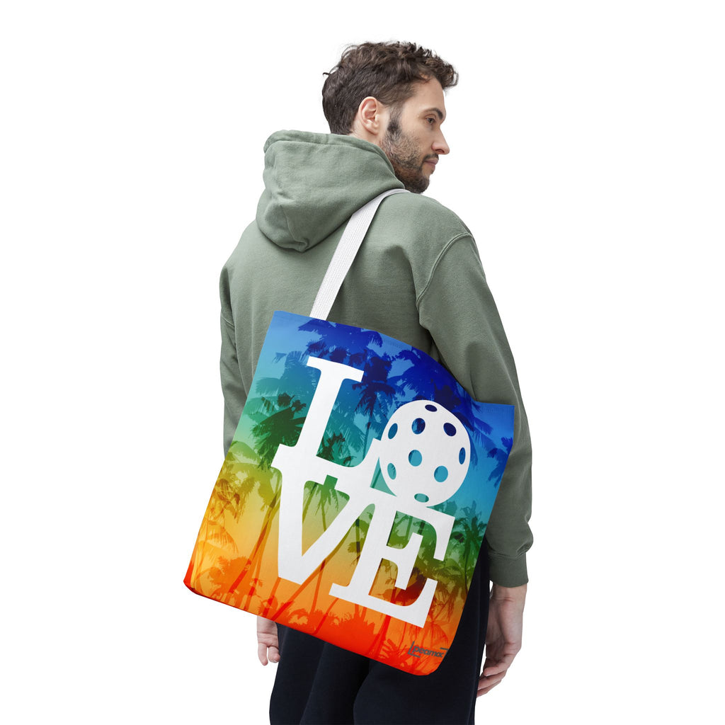 Palm rainbow tote bag with pickleball love print, court-ready shoulder bag by Printify, featuring vibrant tropical design.