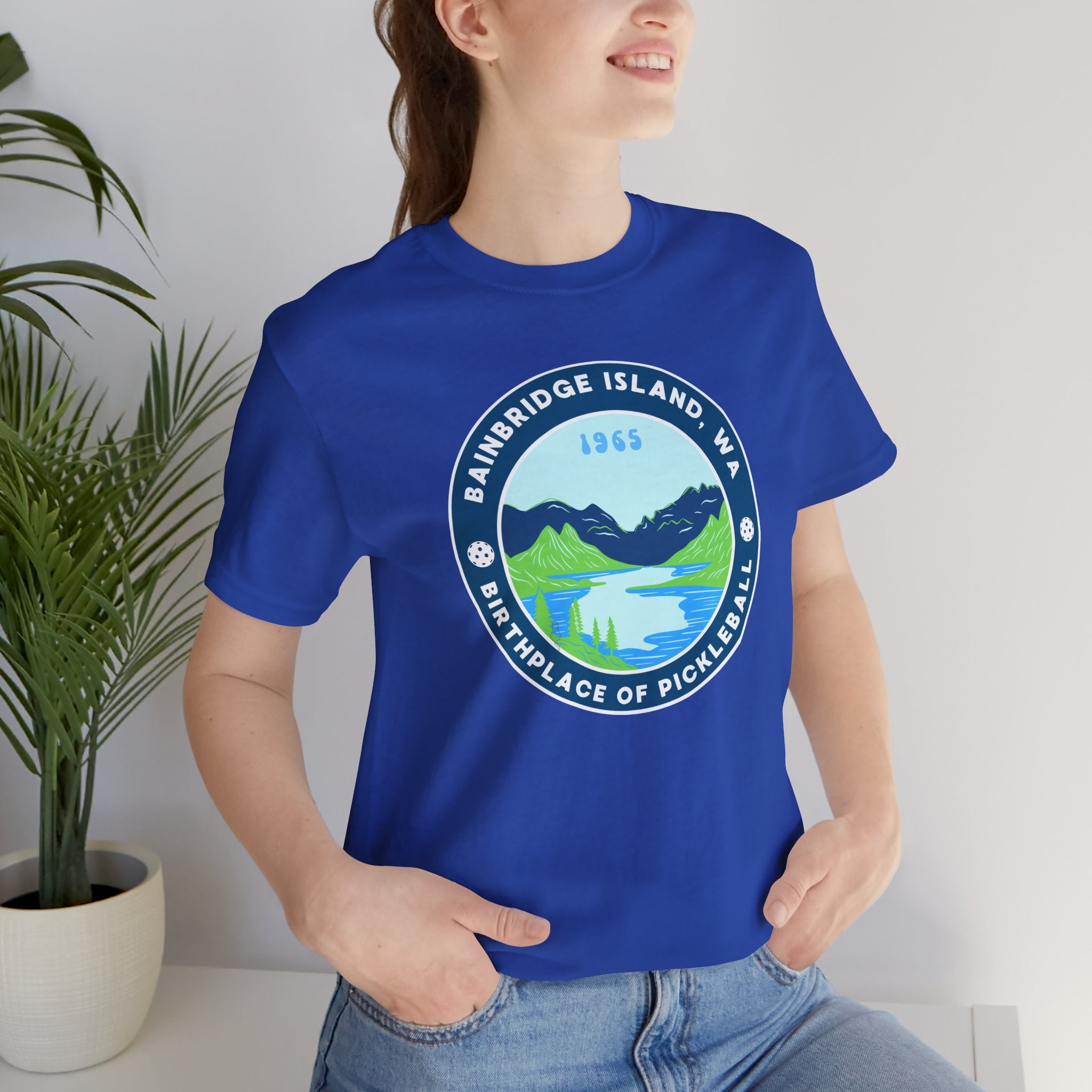 Unisex Bainbridge Island Pickleball T-Shirt with "Birthplace of Pickleball 1965" print, casual cotton tee by Printify.