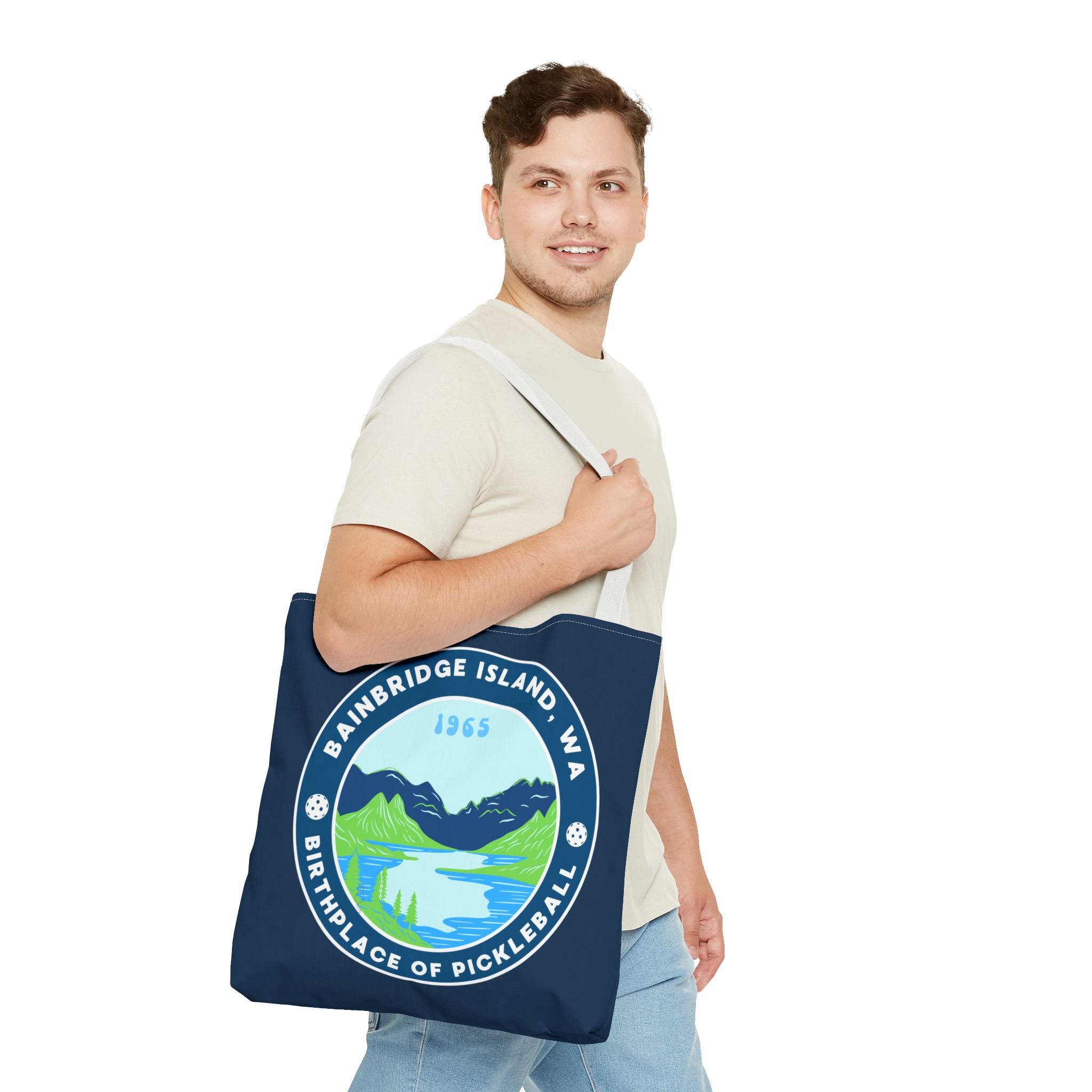 Large Printify tote bag featuring Bainbridge Island WA, the birthplace of pickleball, ideal for carrying pickleball gear and accessories.