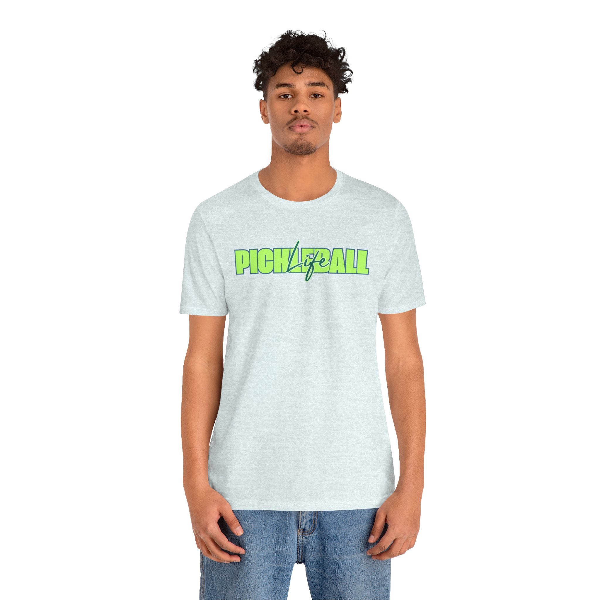 Unisex Pickleball Life T-shirt with bold green and blue graphic print, casual cotton tee by Printify.
