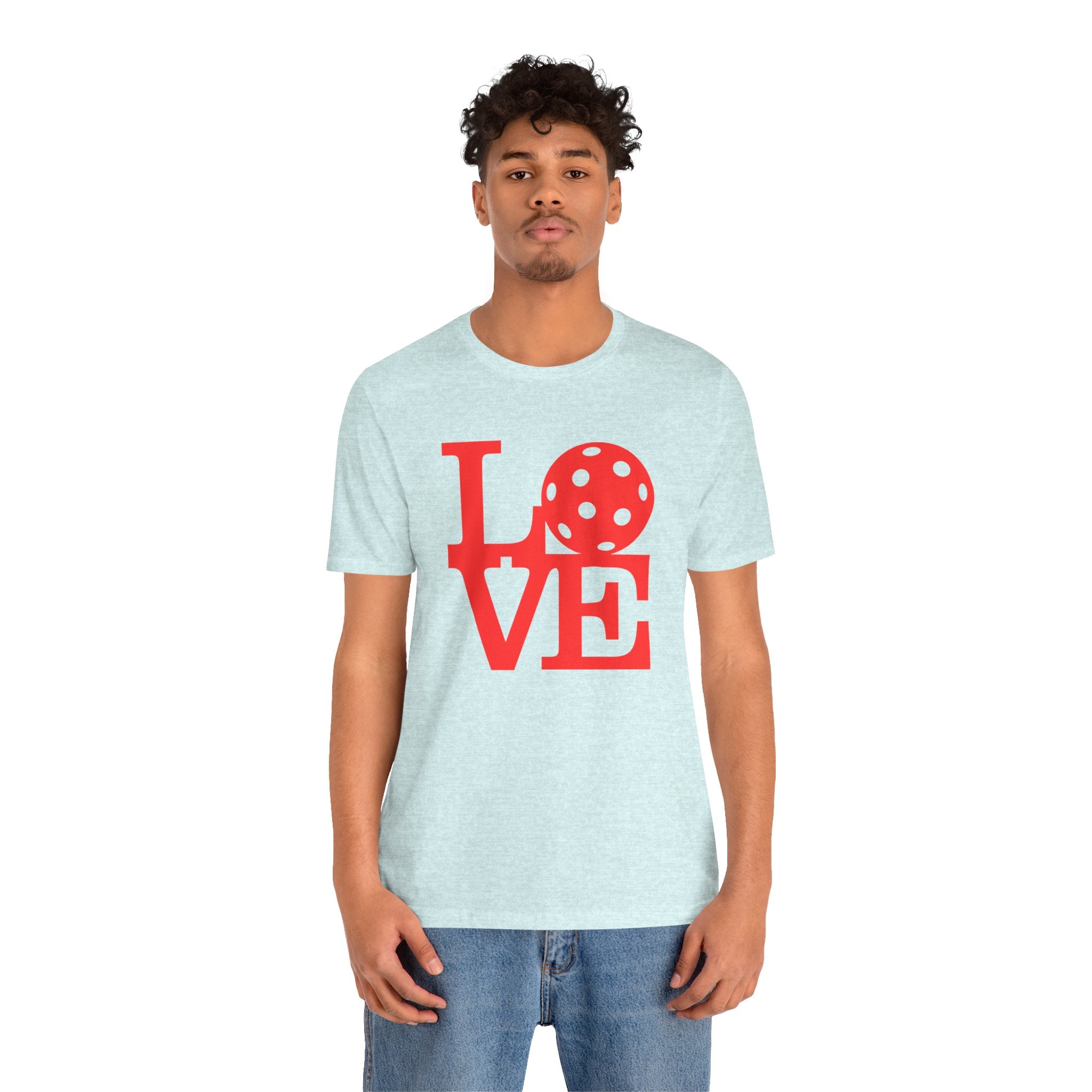 Red LOVE Pickleball graphic T-shirt with bold pop art design, casual unisex printwear by Printify.