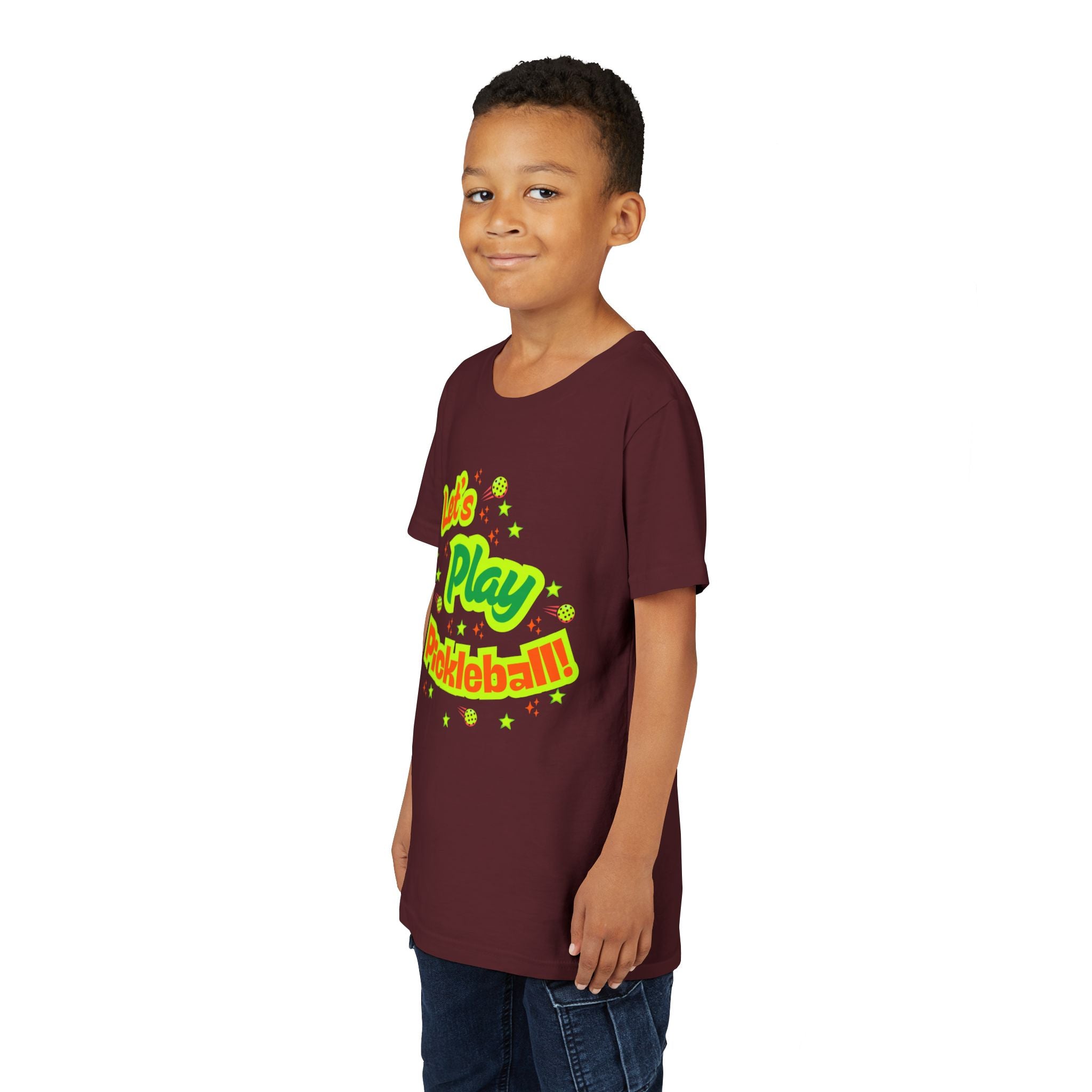 Kids' neon pickleball graphic tee from Printify featuring a playful "Let’s Play Pickleball!" design on youth clothing.