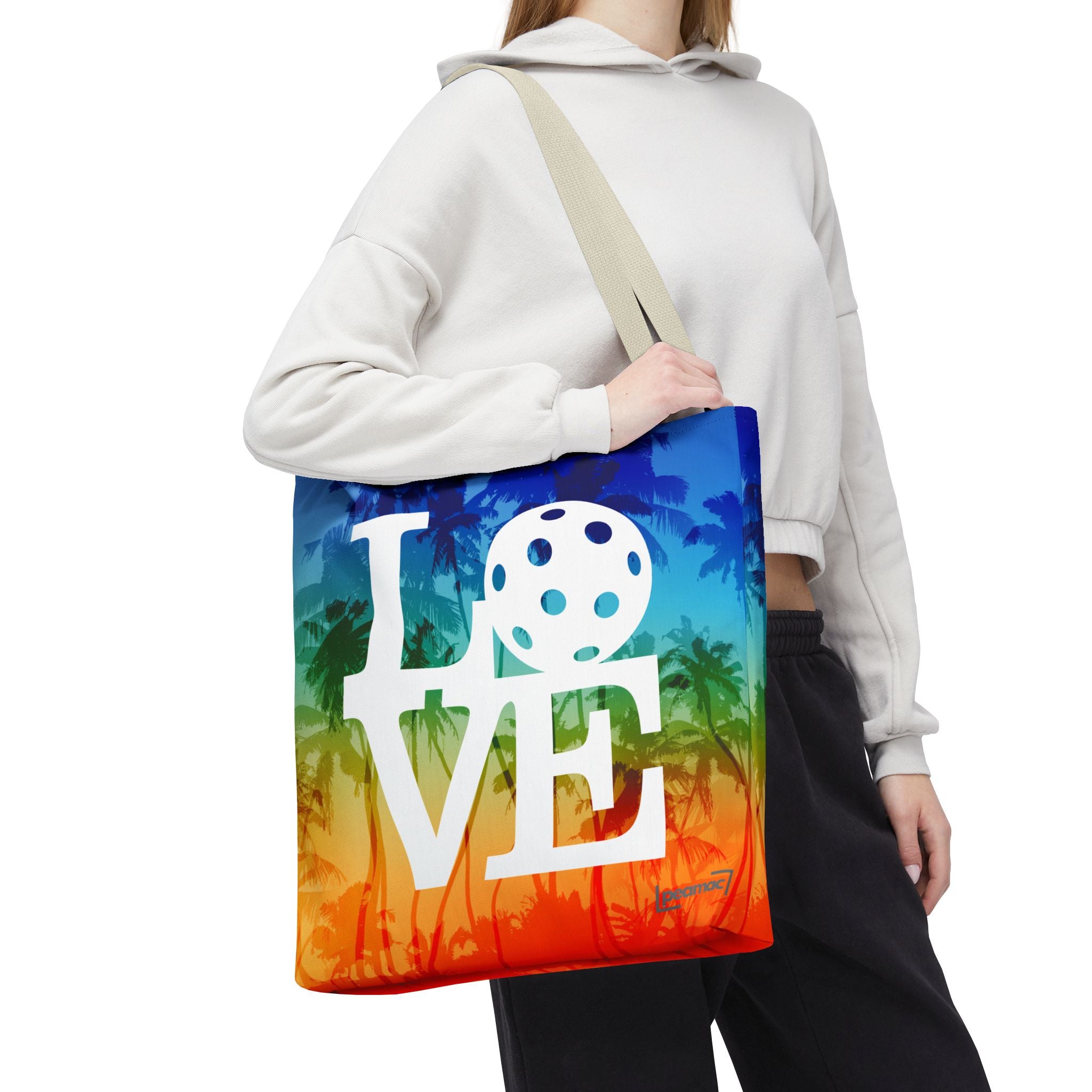 Palm rainbow tote bag by Printify featuring tropical pickleball love design, court-ready shoulder bag for active lifestyles.