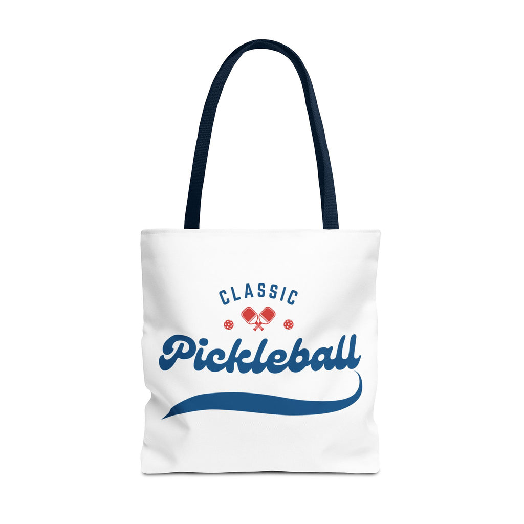Red and blue pickleball tote bag by Printify, large 18x18 inch rugged shoulder bag for gear storage and transport.