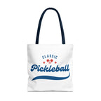 Red and blue pickleball tote bag by Printify, large 18x18 inch rugged shoulder bag for gear storage and transport.