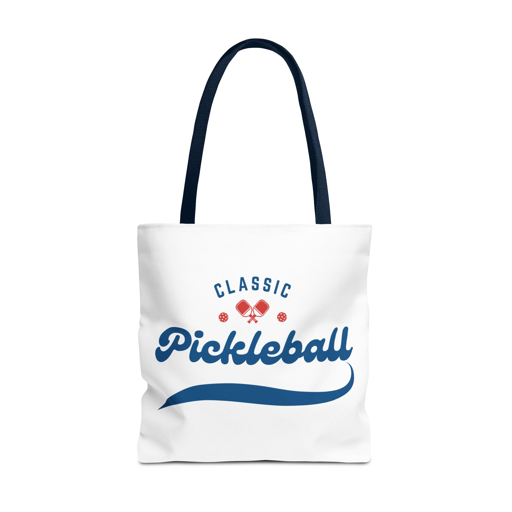 Red and blue pickleball tote bag by Printify, large 18x18 inch rugged shoulder bag for gear storage and transport.
