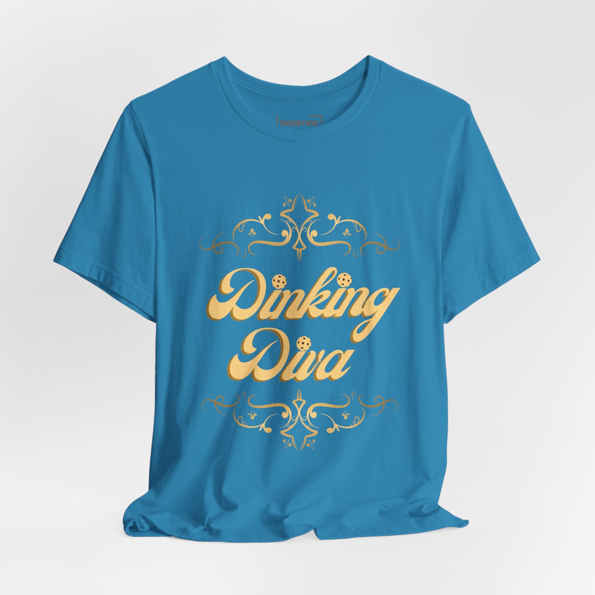 Dinking Diva Pickleball T-Shirt in gold filigree design, casual fit, soft fabric, featuring pickleball-themed print.