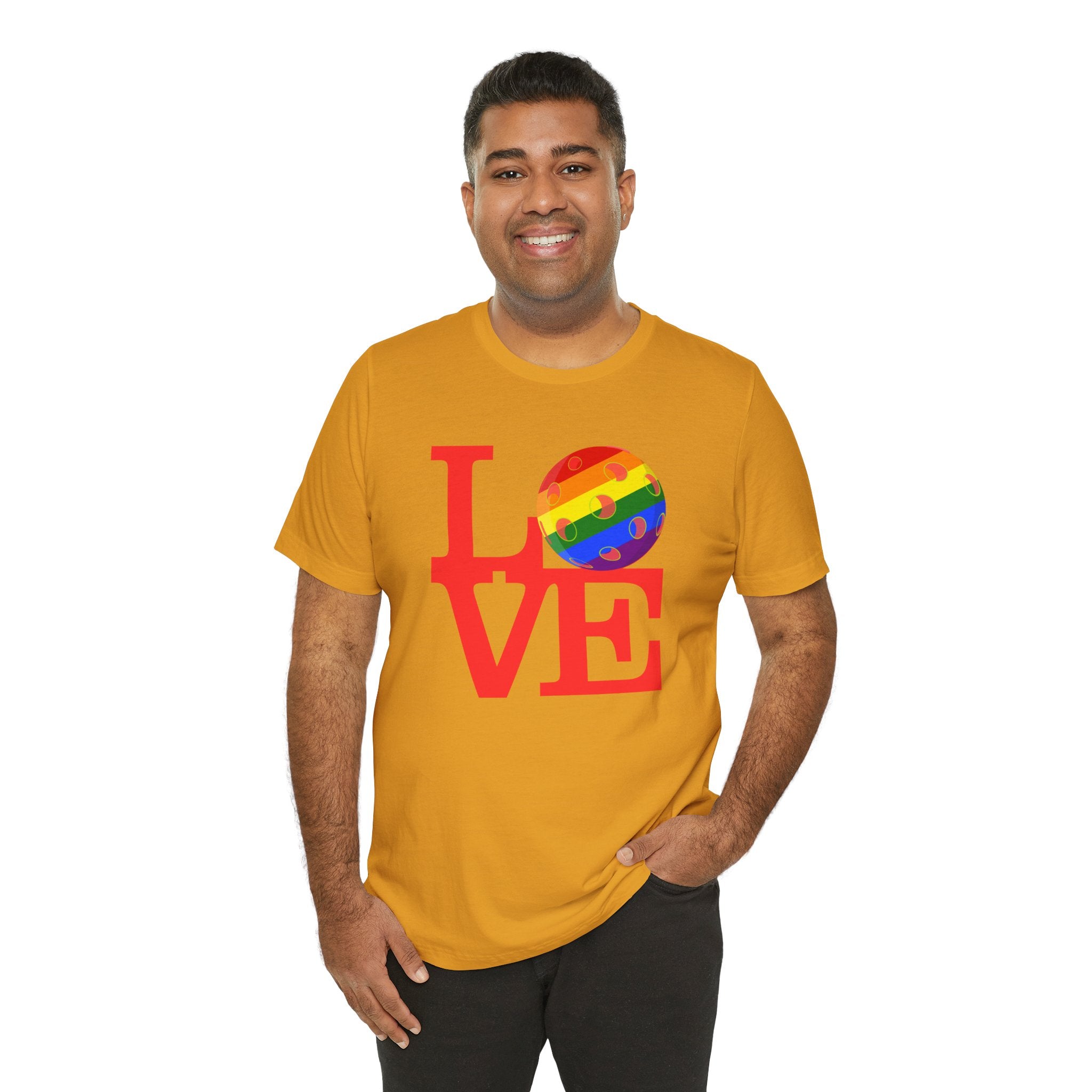 Rainbow LGBTQ2 pride T-shirt featuring the LOVE Pickleball logo, colorful design on a comfortable unisex tee.