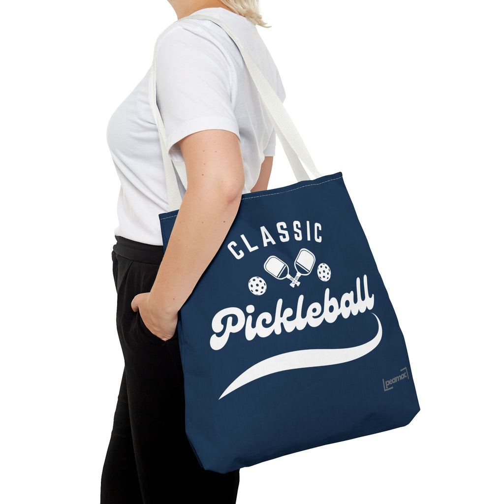 Large navy pickleball tote bag by Printify with durable shoulder strap, ideal for gear, court, and travel accessories.