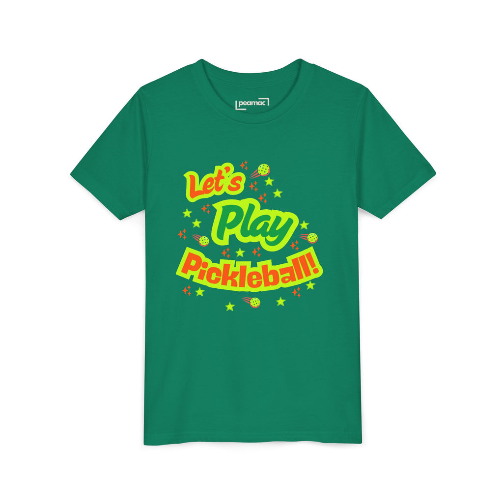 Bright neon pickleball graphic youth tee for kids, featuring fun "Let's Play Pickleball" design on a kids' t-shirt by Printify.