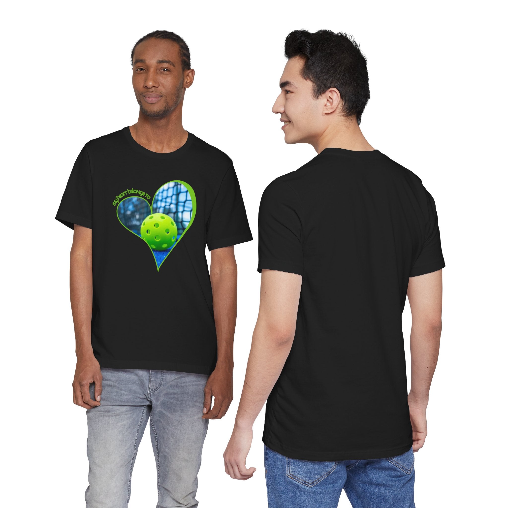 White pickleball T-shirt for players and fans with "My Heart Belongs to Pickleball" print, casual and comfortable.