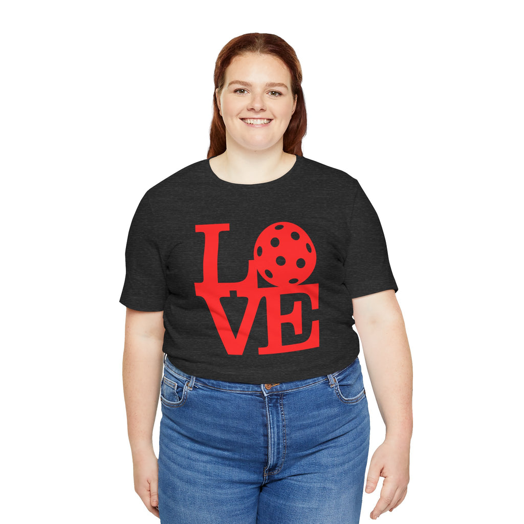 Red LOVE Pickleball graphic T-shirt by Printify featuring bold pop art design on a casual cotton tee.