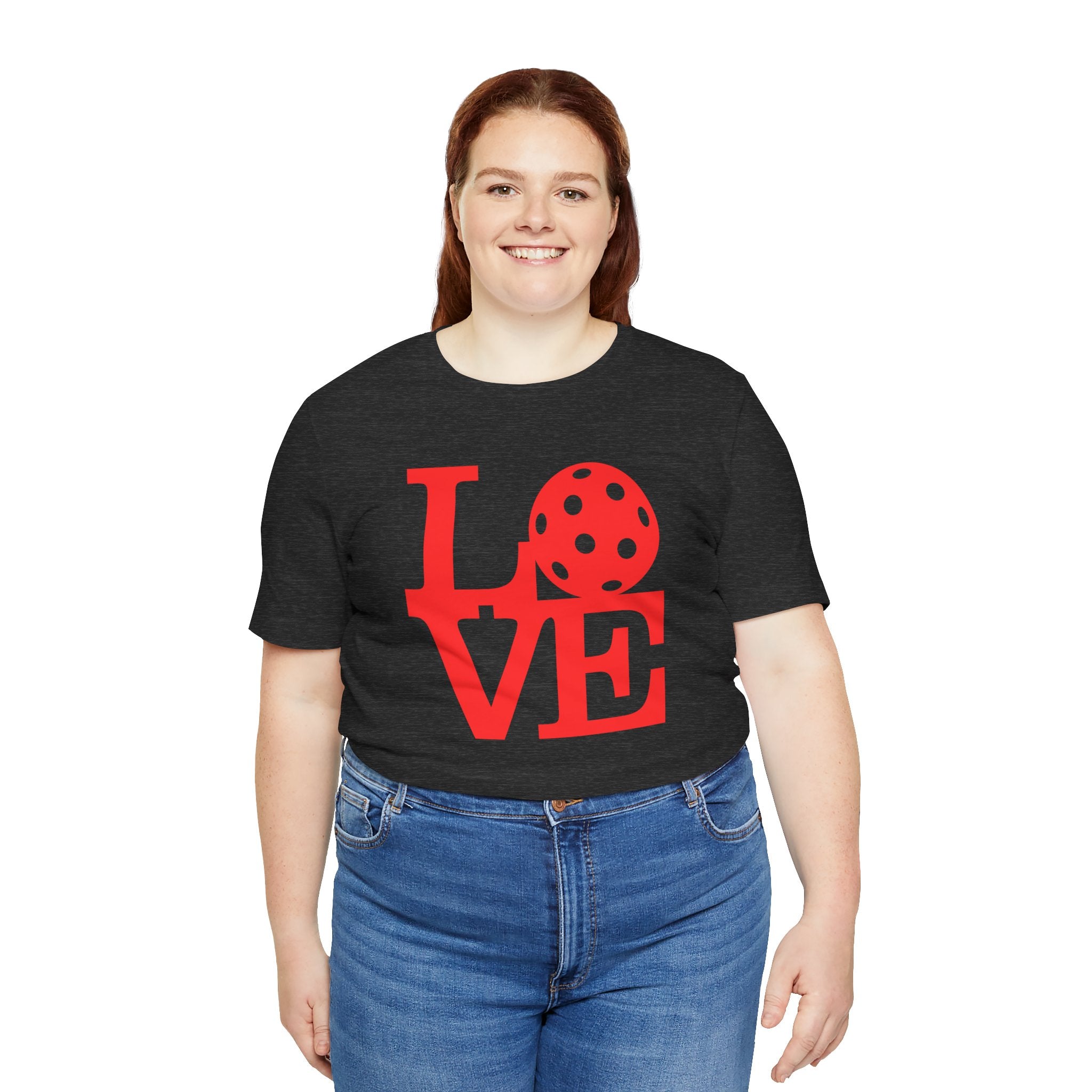 Red LOVE Pickleball graphic T-shirt by Printify featuring bold pop art design on a casual cotton tee.
