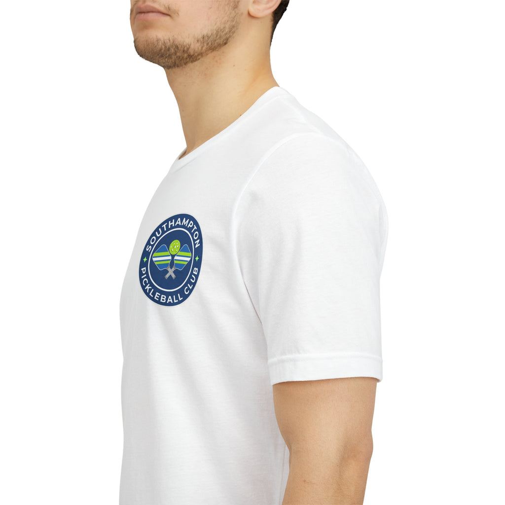 Personalized pickleball T-shirt by Printify featuring custom name sleeve, club logo, and pickleball design on the back.