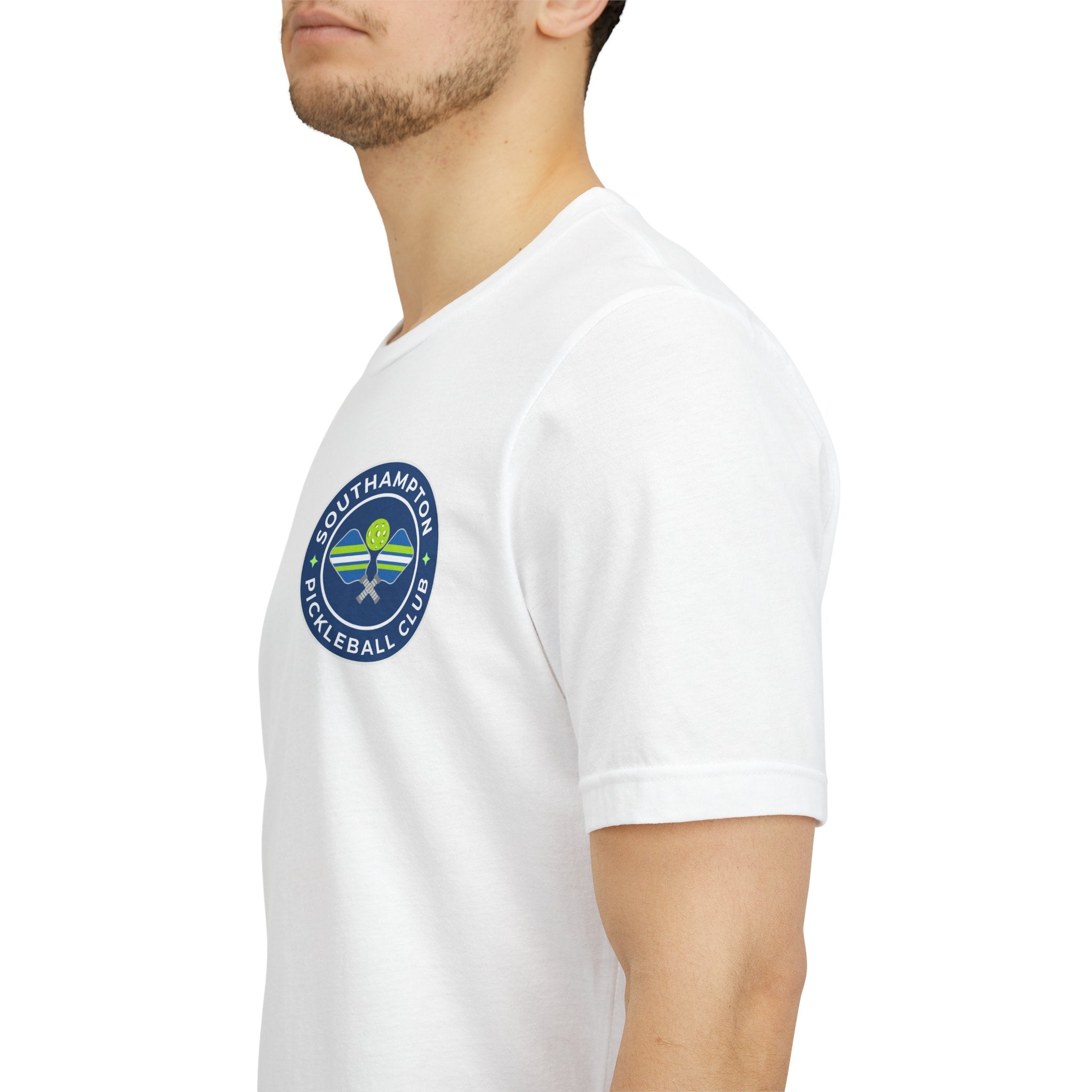 Personalized pickleball T-shirt by Printify featuring custom name sleeve, club logo, and pickleball design on the back.