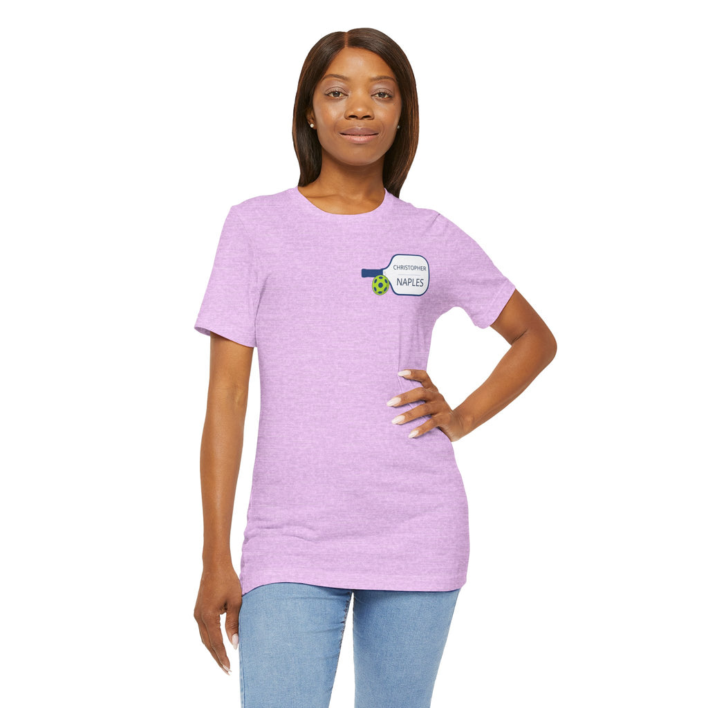 Personalized pickleball T-shirt with custom name and club logo on paddle graphic by Printify