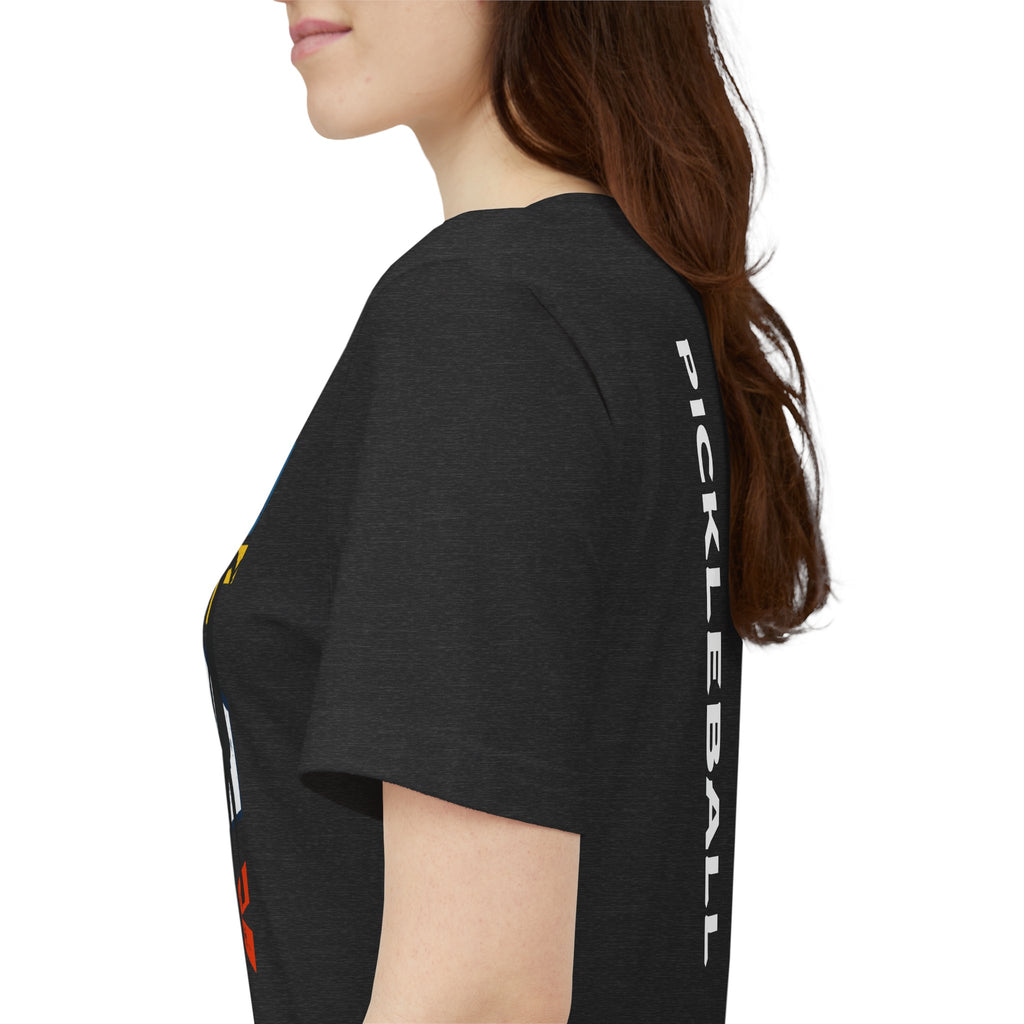 Women's retro-inspired pickleball T-shirt with vertical "PICKLEBALL" back print, casual athletic wear by Printify.