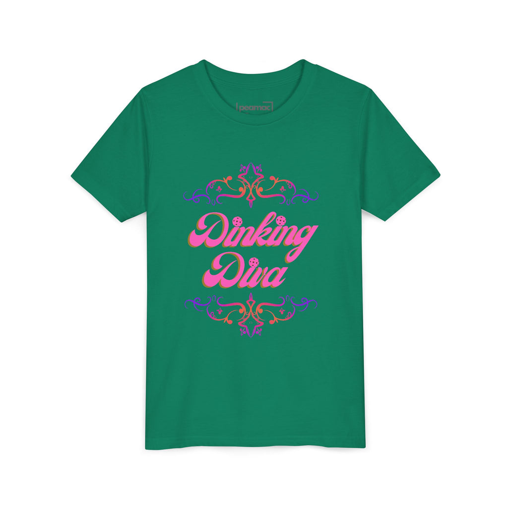 Pink Dinking Diva youth pickleball tee shirt with filigree design, ideal for kids' active sports and casual wear.