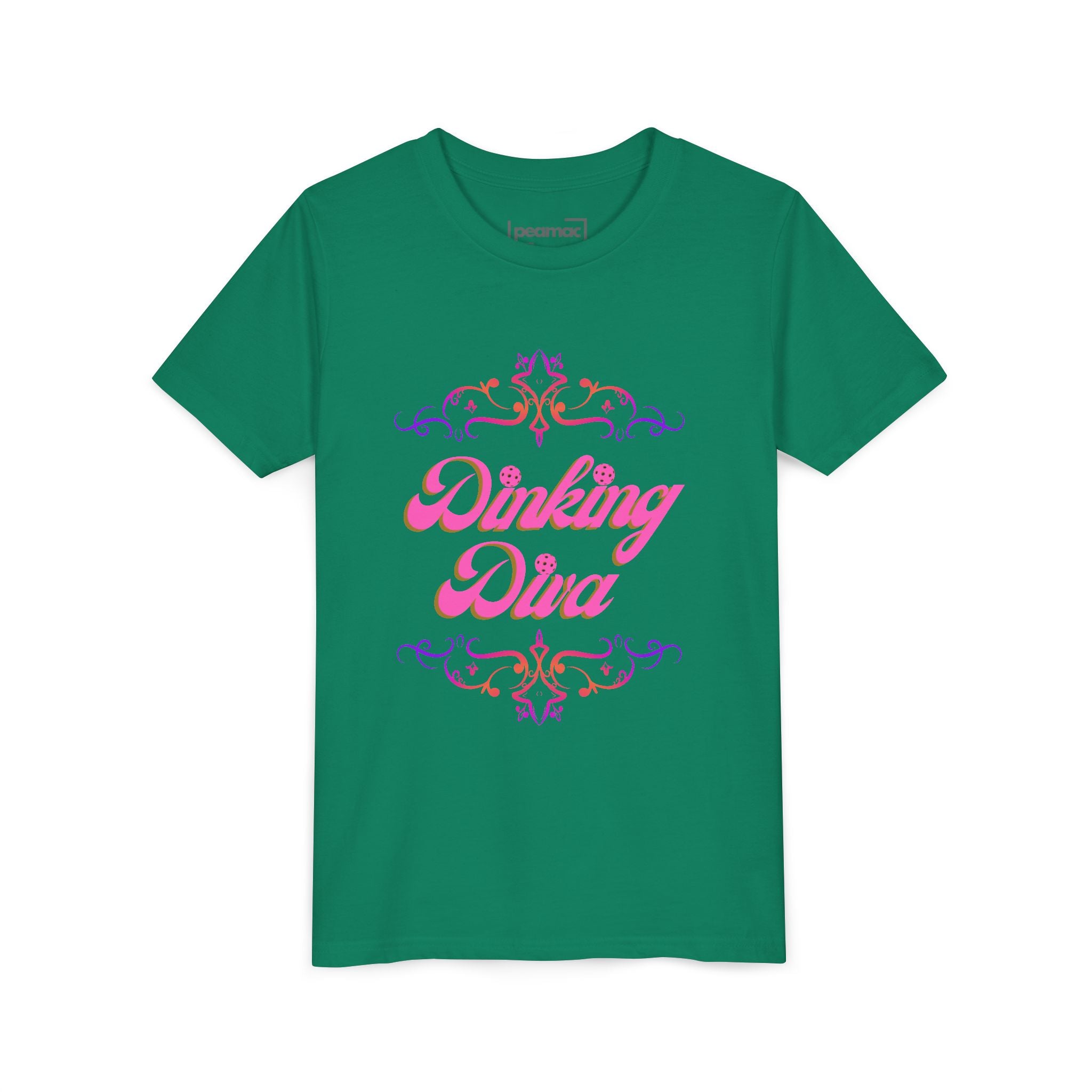 Pink Dinking Diva youth pickleball tee shirt with filigree design, ideal for kids' active sports and casual wear.