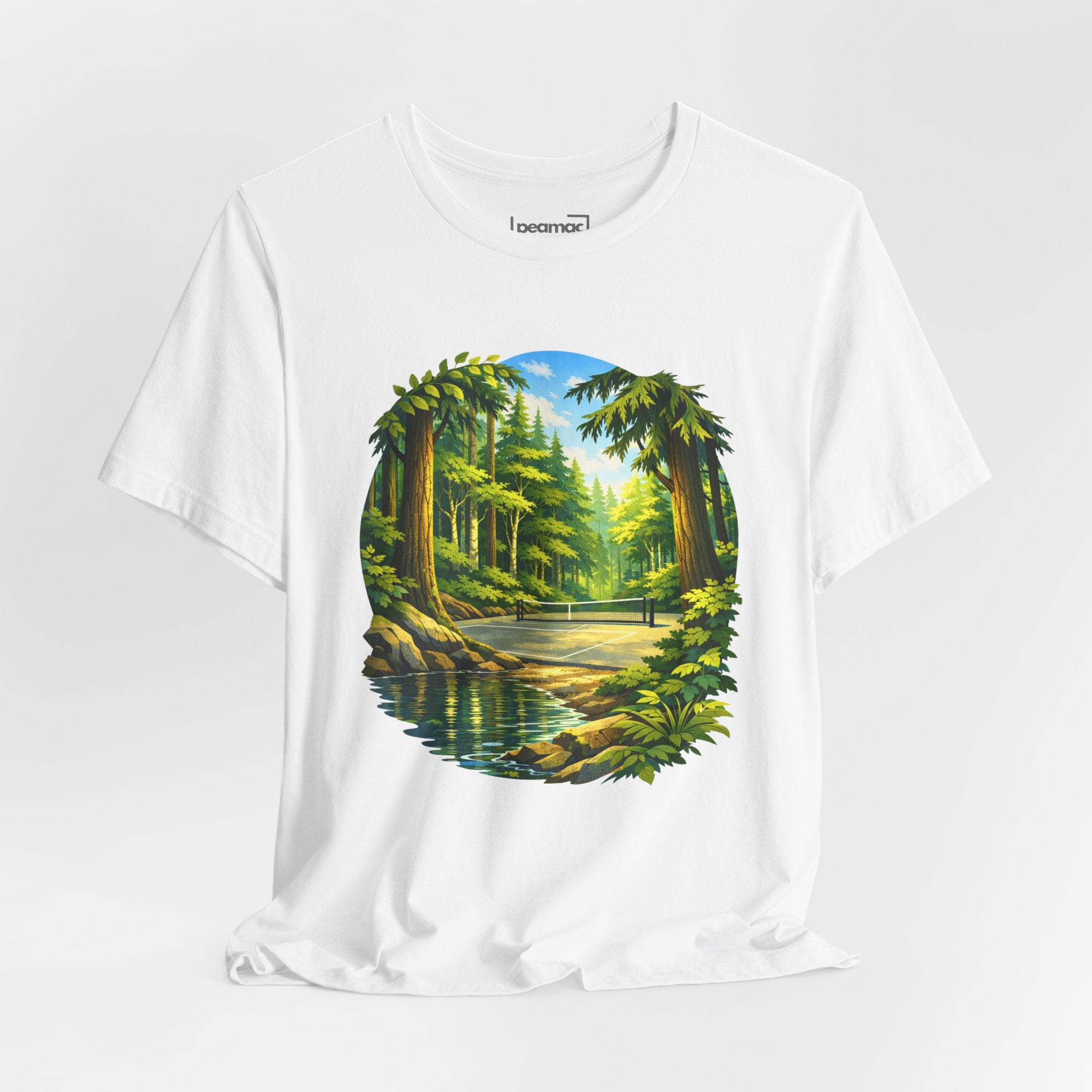 Unisex Hidden Forest Pickleball T-Shirt with Bainbridge Island tribute design, printed by Printify, featuring forest-themed artwork.