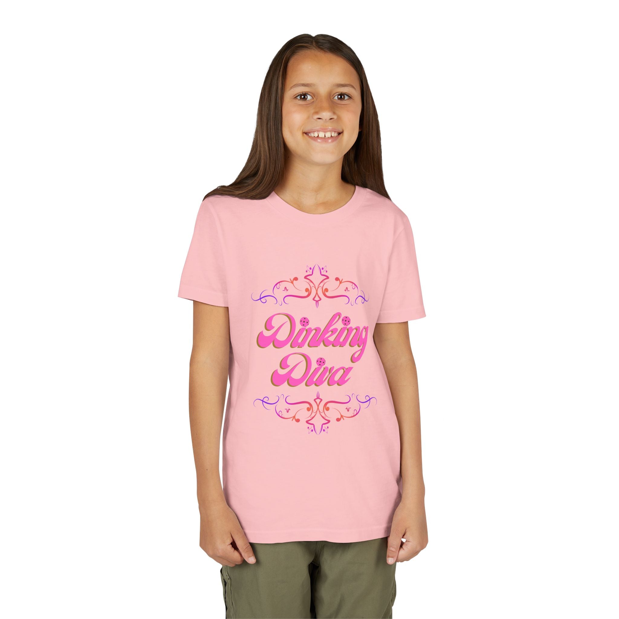Pink Dinking Diva youth pickleball tee featuring a playful print, perfect for kids' active wear by Printify.