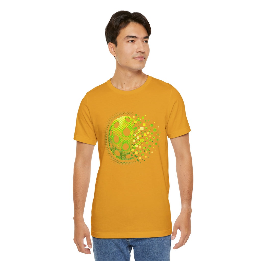 Green Pixelated Pickleball Tee featuring a retro court graphic, casual T-shirt by Printify with vibrant, colorful design.