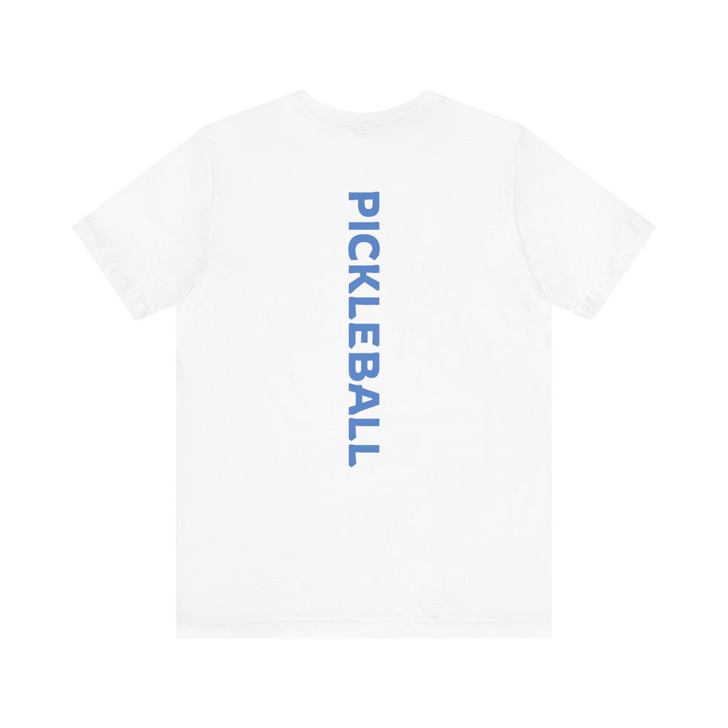 Men's Retro Pickleball Action T-Shirt with front silhouette and vertical "PICKLEBALL" text on the back by Printify.