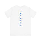 Men's Retro Pickleball Action T-Shirt with front silhouette and vertical "PICKLEBALL" text on the back by Printify.