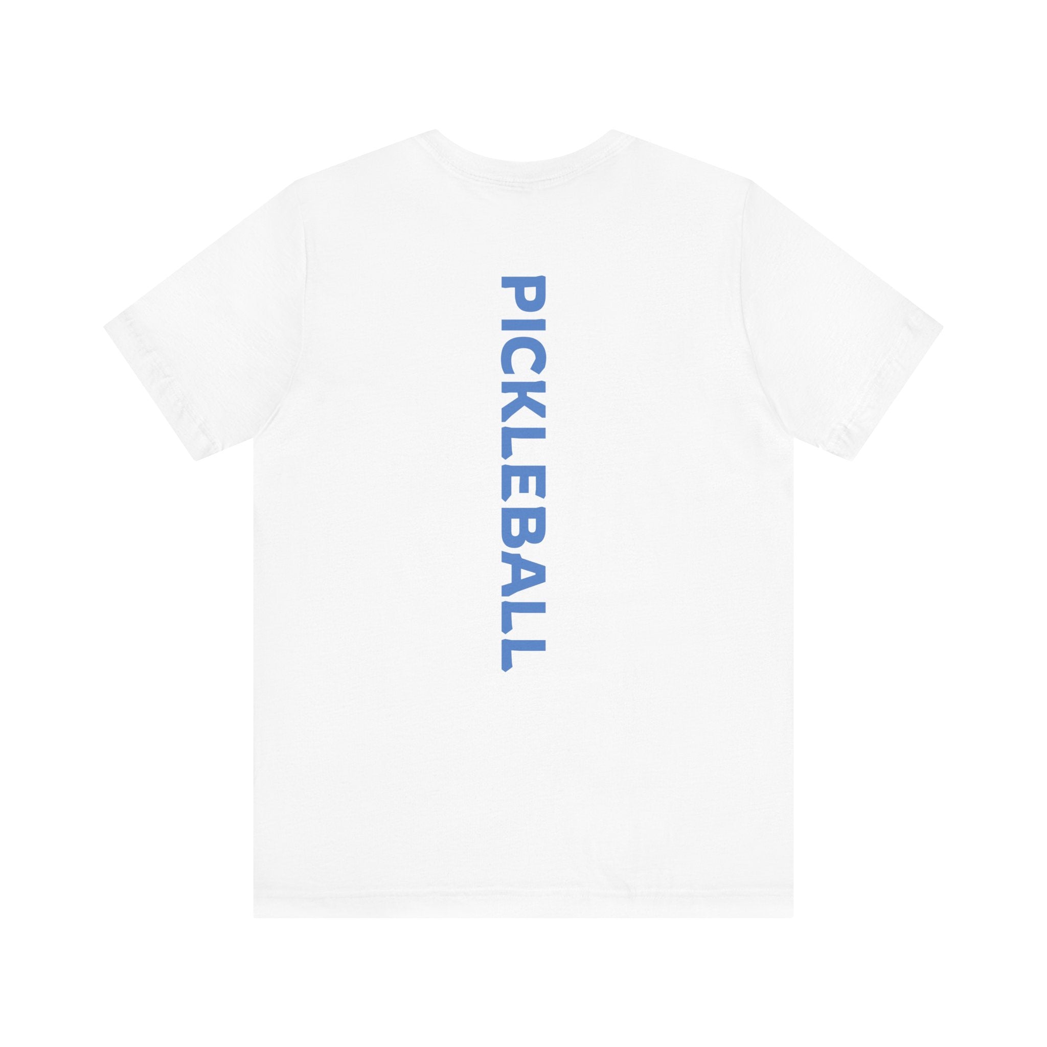 Men's Retro Pickleball Action T-Shirt with front silhouette and vertical "PICKLEBALL" text on the back by Printify.