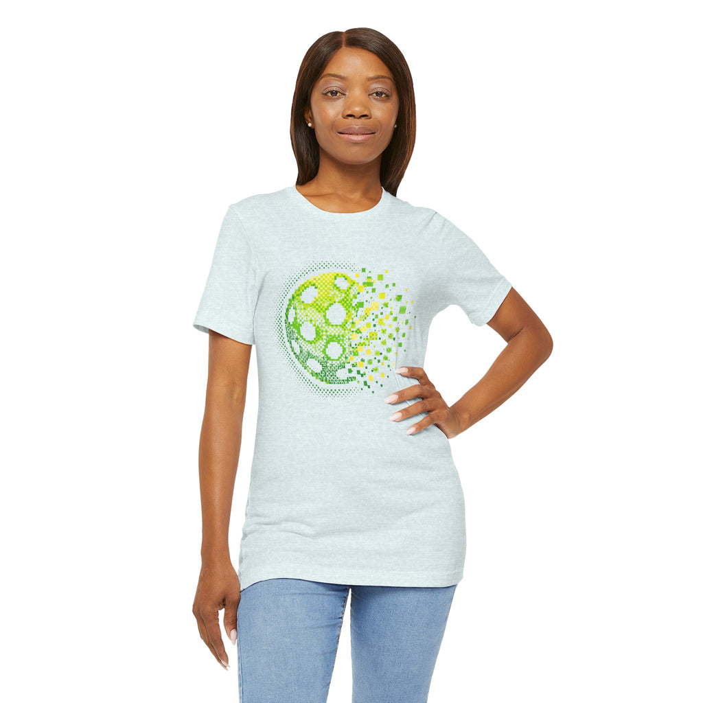 Green Pixelated Pickleball Tee by Printify featuring retro court graphic, casual T-shirt perfect for pickleball enthusiasts.