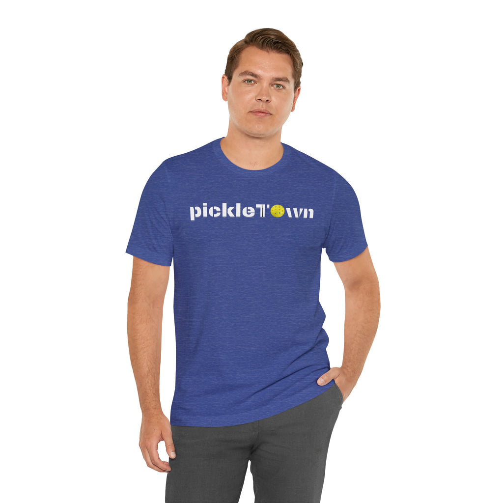 Toronto PickleTown T-Shirt featuring the CN Tower and Pickleball 'O' logo, casual printify branded T-shirt for fans of Toronto sports.