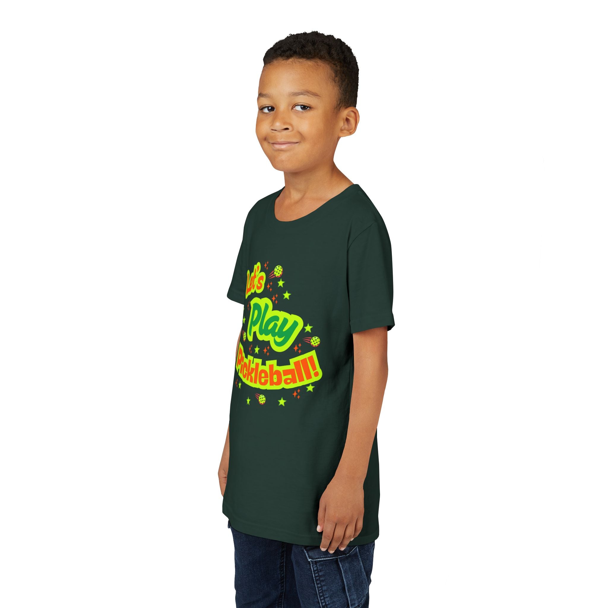 Youth neon pickleball graphic T-shirt for kids, featuring playful pickleball design on a colorful kids' clothing shirt.