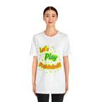 Neon orange and electric green pickleball rally graphic T-shirt by Printify showing vibrant court design and casual fit.