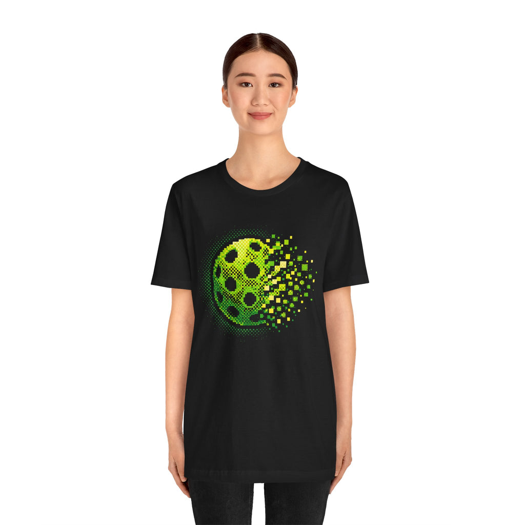 Green Pixelated Pickleball T-Shirt with retro court graphic, casual Printify men's tee for pickleball enthusiasts.