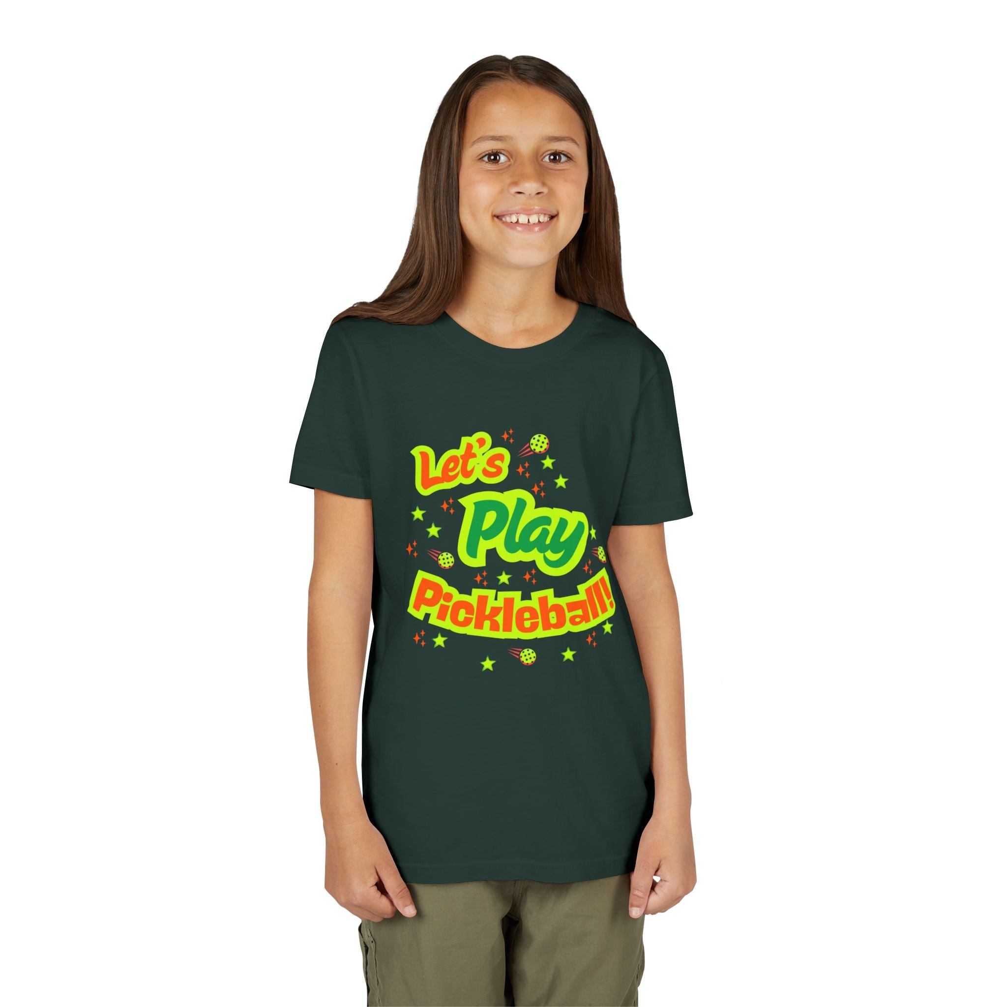 Bright neon pickleball graphic youth tee for kids, featuring playful design, perfect for young sports enthusiasts.