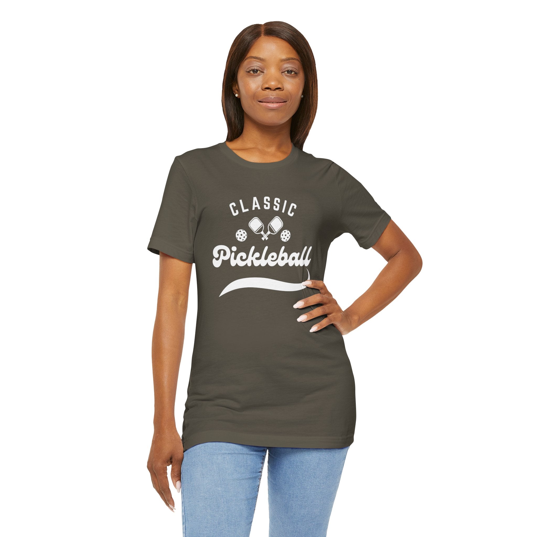 Light gray Classic Pickleball T-shirt with "Pickleball" script design, comfortable cotton fabric, perfect for pickleball players.