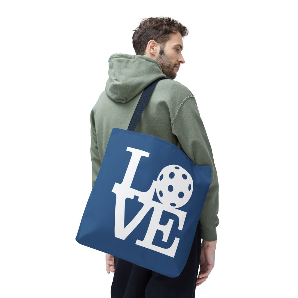 River blue Pickleball LOVE tote bag by Printify featuring a bold LOVE design, ideal for carrying sports gear and everyday essentials.