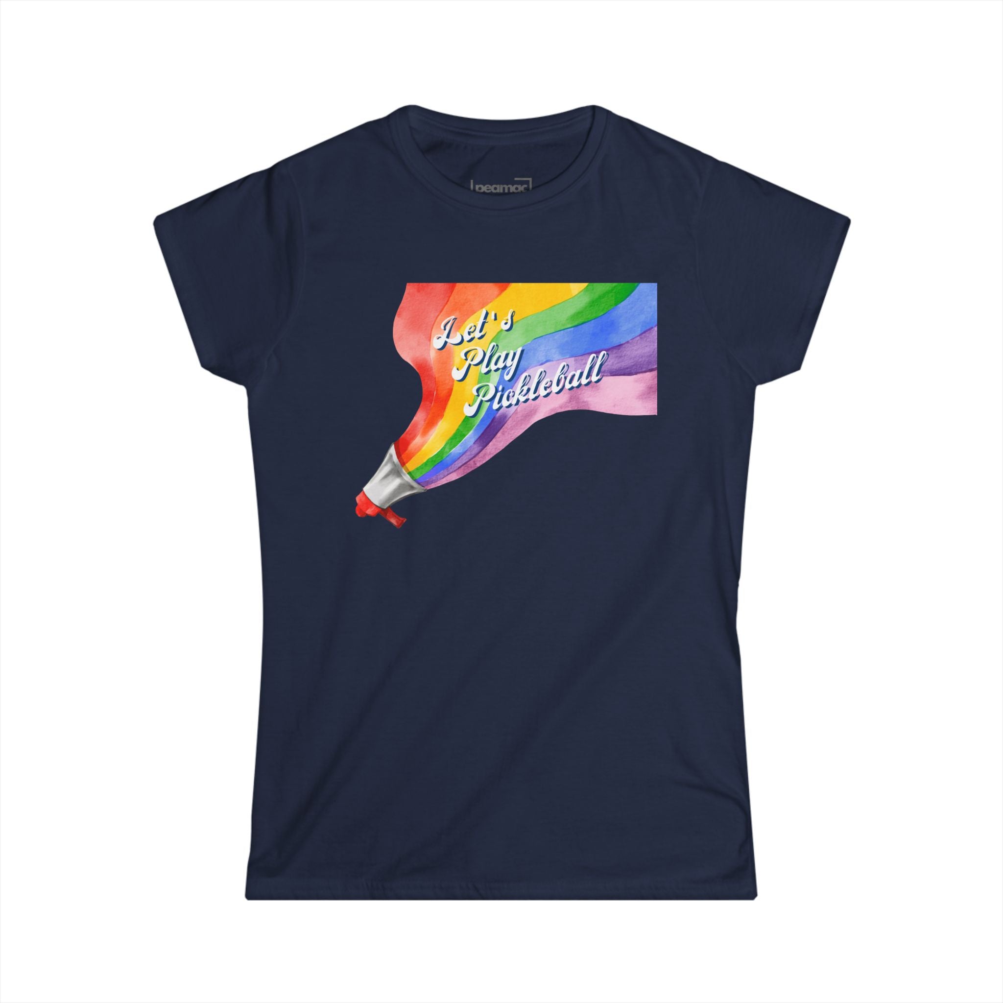 Women's Semi-fitted Shout It Out Proud – Let’s Play Pickleball T-Shirt | Rainbow Megaphone Design | LGBTQ2 Boutique