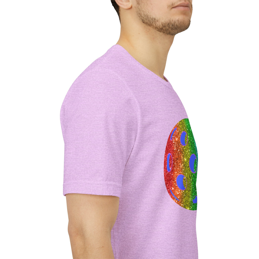 Rainbow glitter pickleball pride T-shirt by Printify featuring a colorful, sparkling pickleball design on a comfortable tee.