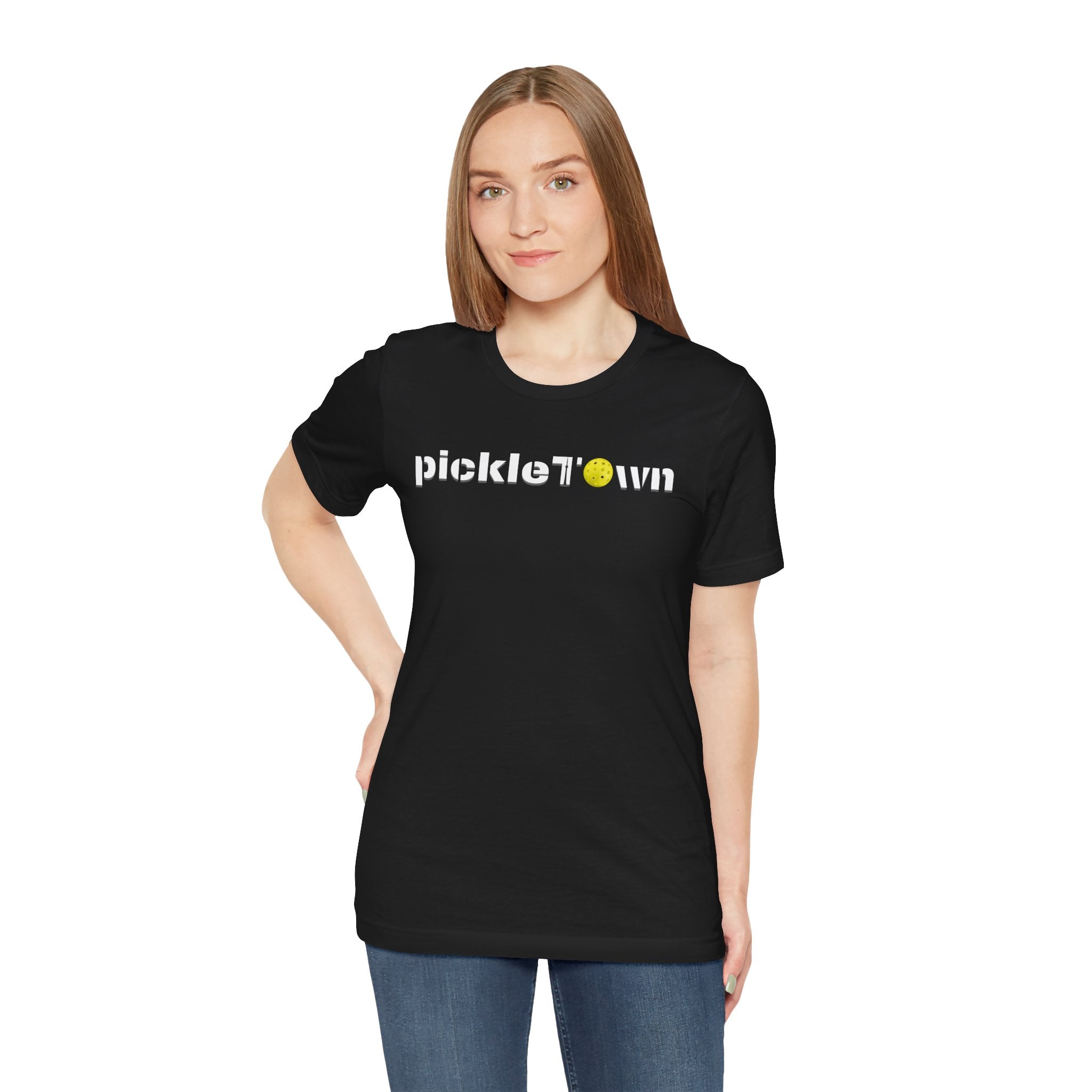 Toronto PickleTown T-Shirt featuring the CN Tower and Pickleball 'O' logo, casual unisex apparel by Printify.