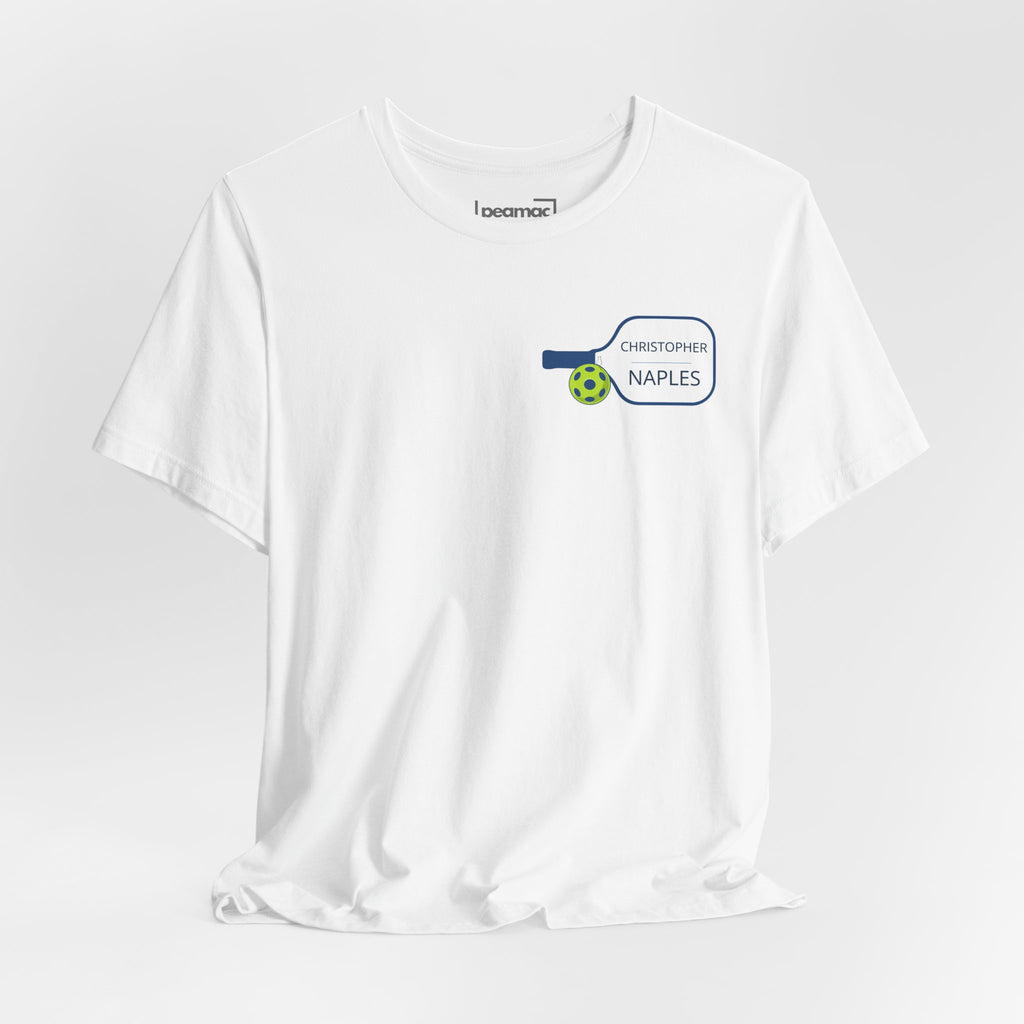 Personalized pickleball T-shirt by Printify with custom name and club on paddle graphic design, casual sportswear for pickleball players.